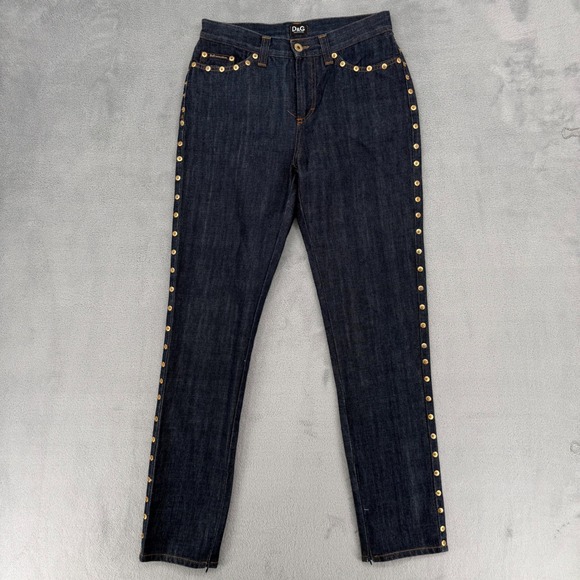Vintage Dolce & Gabbana Women's Dark Wash Denim Jeans Gold Studded  Sz 26 - Picture 5 of 16
